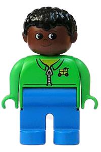 Duplo Male - Male Duplo figure with brown head and black curly hair, wearing blue legs and a green zippered jacket - 4555pb179