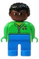Duplo Figure, Male, Blue Legs, Green Zippered Jacket, Black Curly Hair, Brown Head - 4555pb179