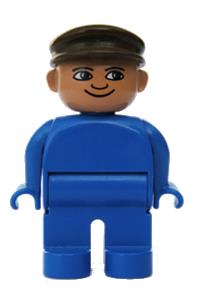 Duplo Figure, Male, Blue Legs, Blue Top, Brown Cap 4555pb180