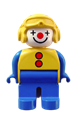 Male Duplo figure dressed as a clown with blue legs wearing a yellow aviator helmet - 4555pb183