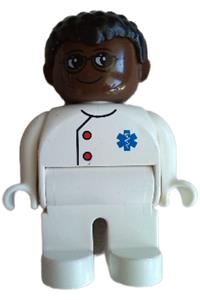 Duplo Figure, Male Medic, White Legs, White Top with EMT Star of Life Pattern, Black Hair, Brown Head, Glasses 4555pb184