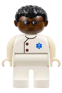 Duplo Male Medic - Duplo male medic with white legs and top with EMT Star of Life pattern, black hair, brown head, and glasses - 4555pb184