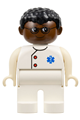 Duplo Figure, Male Medic, White Legs, White Top with EMT Star of Life Pattern, Black Hair, Brown Head, Glasses - 4555pb184