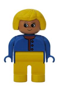 Duplo Female - Female Duplo figure with yellow legs, yellow hair, wearing a blue unbuttoned sweater with red buttons - 4555pb187