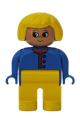 Female Duplo figure with yellow legs, yellow hair, wearing a blue unbuttoned sweater with red buttons - 4555pb187