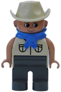 Duplo Figure, Male, Dark Gray Legs, Tan Top Safari with Pockets, Cowboy Hat, Blue Bandana 4555pb188