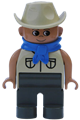 Duplo Figure, Male, Dark Gray Legs, Tan Top Safari with Pockets, Cowboy Hat, Blue Bandana - 4555pb188