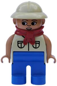 Duplo Figure, Female, Blue Legs, Tan Top with 2 Pockets, Tan Pith Helmet, Red Bandana, Eyelashes 4555pb189