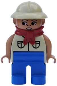 Duplo Female - Female Duplo figure with blue legs, tan top with 2 pockets, tan pith helmet, red bandana, and eyelashes - 4555pb189