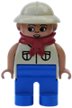 Duplo Figure, Female, Blue Legs, Tan Top with 2 Pockets, Tan Pith Helmet, Red Bandana, Eyelashes - 4555pb189