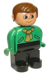 Duplo Male - Male Duplo figure with black legs, wearing a green top with yellow scarf and brown hair - 4555pb190