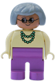 Female Duplo figure with dark pink legs, wearing a yellow blouse with a green necklace and gray hair - 4555pb191