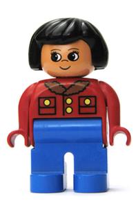 Duplo Figure, Female, Blue Legs, Red Jacket with Gold Buttons, Black Hair 4555pb192