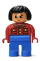 Duplo Figure, Female, Blue Legs, Red Jacket with Gold Buttons, Black Hair - 4555pb192