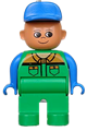Duplo Figure, Male, Green Legs, Green Work Suit, Blue Arms, Blue Hat - 4555pb193