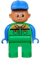 Male Duplo figure in a green work suit with green legs, blue arms, and a blue hat - 4555pb193