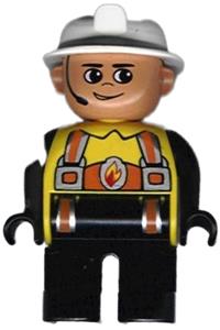 Duplo Male Fireman - Male Duplo fireman with black legs, wearing a yellow top with flame and orange suspenders, white fire helmet, and headset - 4555pb194