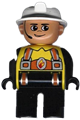 Duplo Figure, Male Fireman, Black Legs, Yellow Top with Flame and Orange Suspenders, White Fire Helmet, Headset - 4555pb194