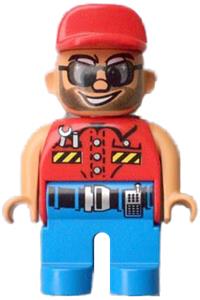 Duplo Figure, Male Action Wheeler, Blue Legs, Red Top with Wrench, Red Cap, Sunglasses, Beard 4555pb196