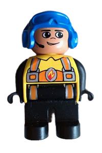 Duplo Figure, Male Fireman, Black Legs, Yellow Top with Flame and Orange Suspenders, Blue Aviator Helmet 4555pb198