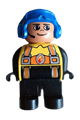 Duplo Figure, Male Fireman, Black Legs, Yellow Top with Flame and Orange Suspenders, Blue Aviator Helmet - 4555pb198