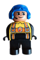 Male Duplo firefighter with black legs, yellow top featuring flames and orange suspenders, wearing a blue aviator helmet - 4555pb198