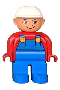 Duplo Figure, Male, Blue Legs, Red Top with Blue Overalls, Construction Hat White, Turned Down Nose 4555pb199