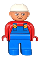 Duplo Figure, Male, Blue Legs, Red Top with Blue Overalls, Construction Hat White, Turned Down Nose - 4555pb199