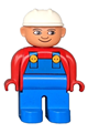 Male Duplo figure with blue legs, wearing a red top with blue overalls, a white construction hat, and a turned-down nose - 4555pb199