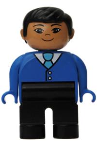 Duplo Figure, Male, Black Legs, Blue Top with Buttons and Tie, Black Hair, Asian Eyes 4555pb200