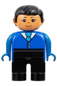 Duplo Male - Male Duplo figure with black legs, wearing a blue top with buttons and tie, black hair, and Asian eyes - 4555pb200