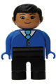 Duplo Figure, Male, Black Legs, Blue Top with Buttons and Tie, Black Hair, Asian Eyes - 4555pb200