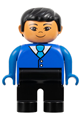 Duplo Figure, Male, Black Legs, Blue Top with Buttons and Tie, Black Hair, Asian Eyes - 4555pb200