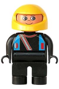 Duplo Figure, Male, Black Legs, Black Top with Blue Straps and Racer Diagonal Zipper, Yellow Racing Helmet 4555pb201