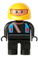 Duplo Figure, Male, Black Legs, Black Top with Blue Straps and Racer Diagonal Zipper, Yellow Racing Helmet - 4555pb201