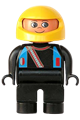 Male Duplo figure in black legs and top with blue straps, wearing a yellow racing helmet - 4555pb201