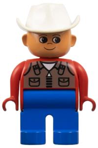 Duplo Male - Male Duplo figure wearing blue legs, red top with dark tan zipper vest, and white cowboy hat - 4555pb202