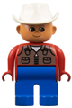 Male Duplo figure wearing blue legs, red top with dark tan zipper vest, and white cowboy hat - 4555pb202
