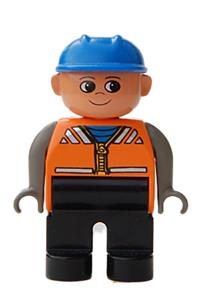Duplo Figure, Male, Black Legs, Orange Vest, Dark Gray Arms, Construction Hat Blue 4555pb206