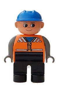 Duplo Male - Male Duplo figure with black legs, dark gray arms, wearing an orange vest, and a blue construction hat - 4555pb206