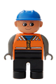Duplo Figure, Male, Black Legs, Orange Vest, Dark Gray Arms, Construction Hat Blue - 4555pb206