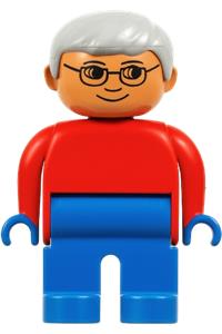 Duplo Male - Male Duplo figure with blue legs, wearing a red top, gray hair, and glasses - 4555pb208