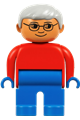 Male Duplo figure with blue legs, wearing a red top, gray hair, and glasses - 4555pb208