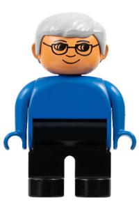 Duplo Male - Male Duplo figure with black legs, gray hair, wearing glasses and a blue top - 4555pb209