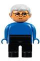 Male Duplo figure with black legs, gray hair, wearing glasses and a blue top - 4555pb209
