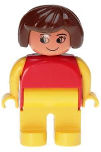 Duplo Female - Female Duplo figure with yellow legs, red top with yellow arms, and brown hair - 4555pb210