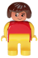 Female Duplo figure with yellow legs, red top with yellow arms, and brown hair - 4555pb210