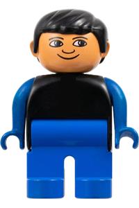 Duplo Male - Male Duplo figure with black hair, wearing a black top with blue arms and blue legs - 4555pb211