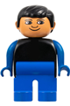 Male Duplo figure with black hair, wearing a black top with blue arms and blue legs - 4555pb211
