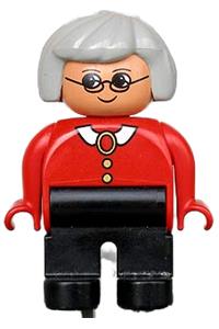 Duplo Grandma - Female Duplo figure with black legs, wearing a red blouse with white collar, gray hair, and glasses - 4555pb212